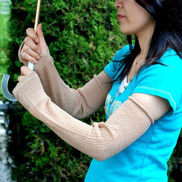 オーガニックコットン UVカット指なしレース編みドライビング手袋 ブラウン