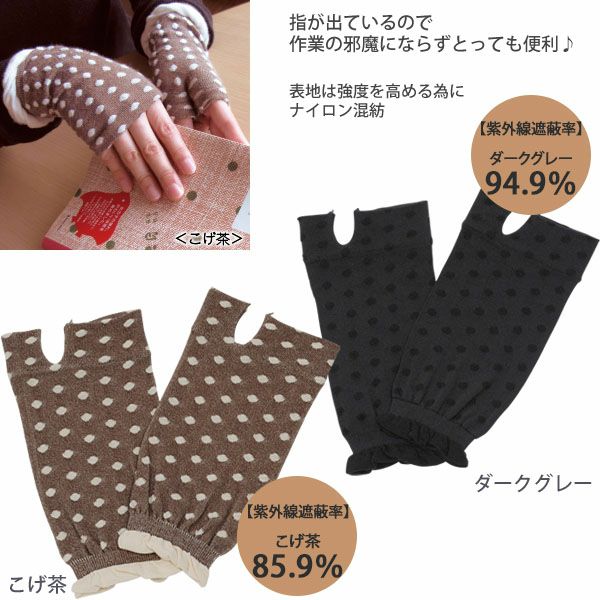 オーガニックコットン UVカット 指なし短手袋 水玉