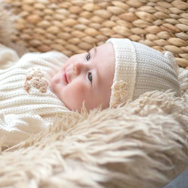 オーガニックコットン ベビー【手編みモチーフ】レーシーニットのフード