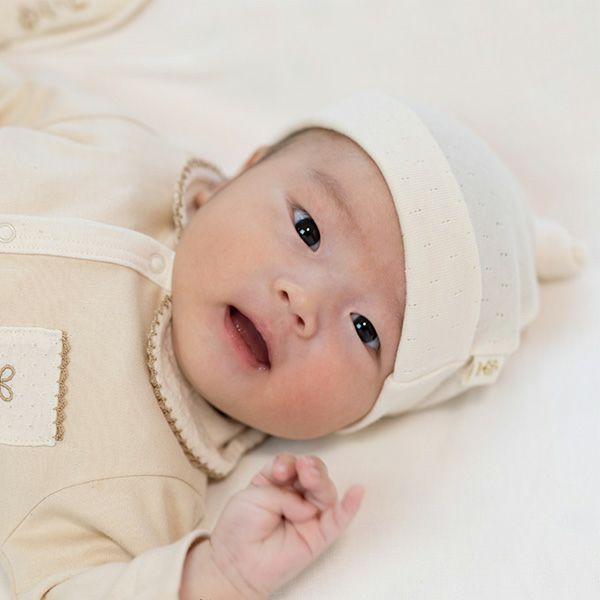 オーガニックコットン ベビー アイレット柄フライス結び帽 ナチュラル