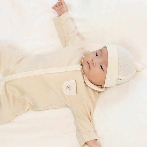 オーガニックコットン ベビー アイレット柄フライス結び帽 ナチュラル