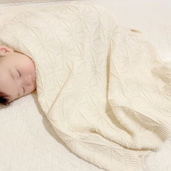 オーガニックコットン ベビー 麻の葉柄ニットアフガン ナチュラル 85×85