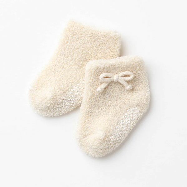 オーガニックコットン ベビー リボン付き パイル編みくつした ナチュラル 10-12