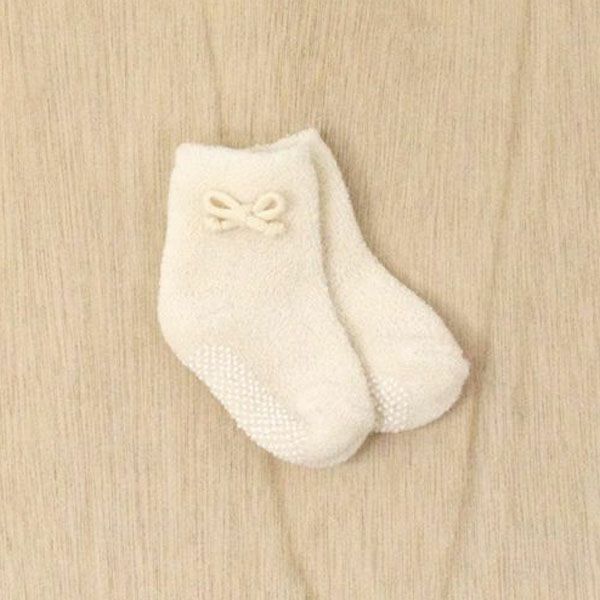 オーガニックコットン ベビー リボン付き パイル編みくつした ナチュラル 10-12