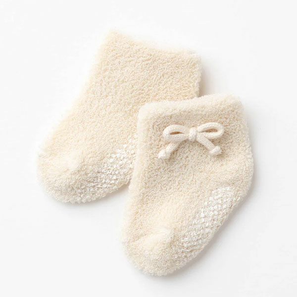 オーガニックコットン ベビー リボン付き パイル編みくつした ナチュラル 10-12
