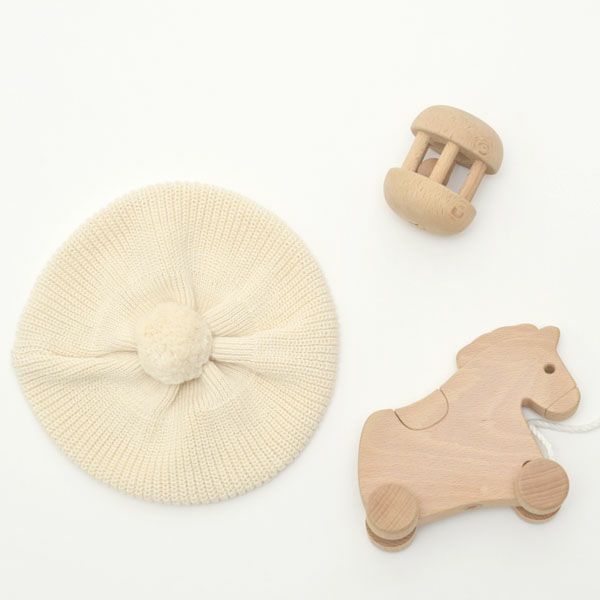 オーガニックコットン ベビー ポンポン付きベレー帽 ナチュラル