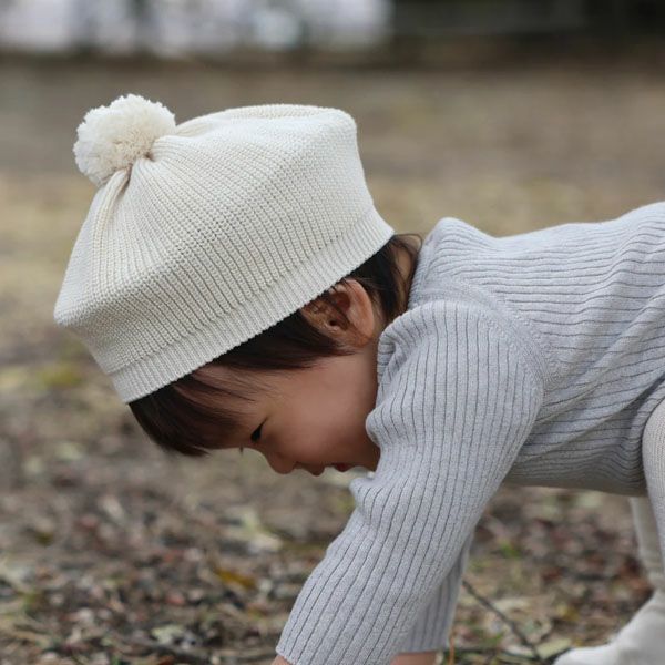 オーガニックコットン ベビー ポンポン付きベレー帽 ナチュラル