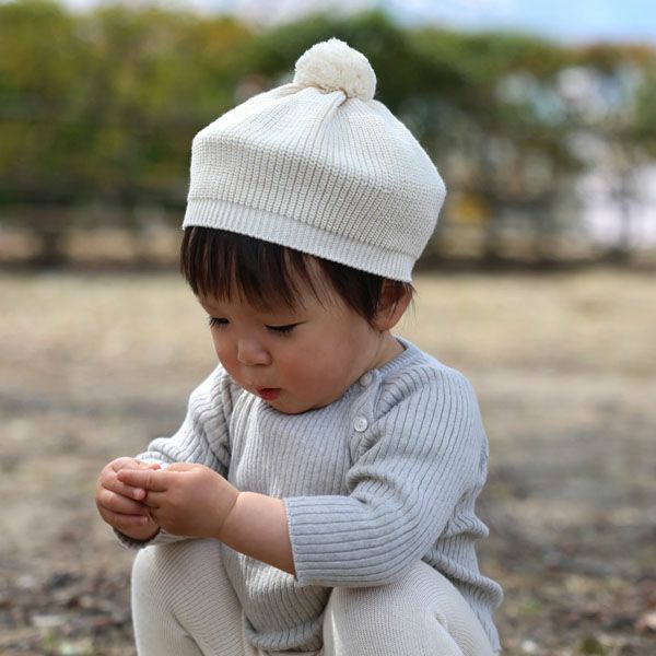 オーガニックコットン ベビー ポンポン付きベレー帽 ナチュラル