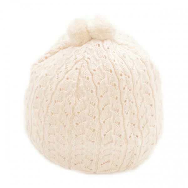 オーガニックコットン ベビー ポンポン付き透かし柄フード