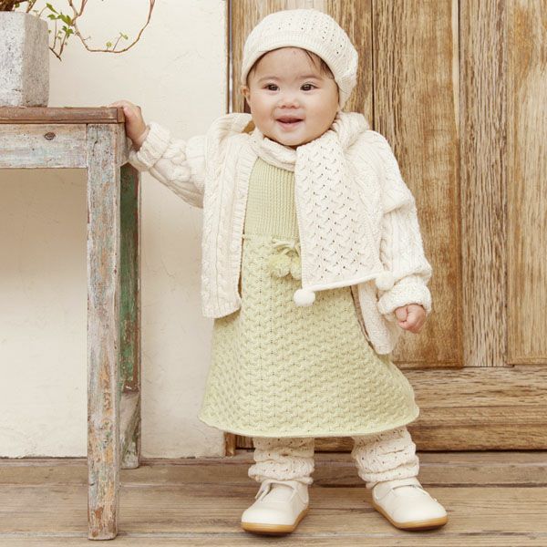 オーガニックコットン ベビー ポンポン付き透かし柄フード