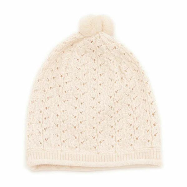 オーガニックコットン ベビー ポンポン付き透かし柄フード