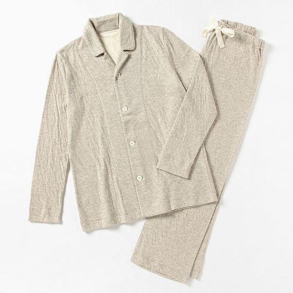 オーガニックコットン＆ヤク ボーダーエアニットパジャマ ナチュラルグレー M