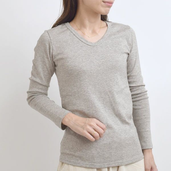 オーガニックコットン＆ヤク フライスVネックTシャツ（長袖）