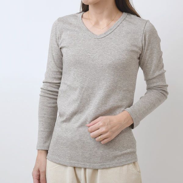 オーガニックコットン＆ヤク フライスVネックTシャツ（長袖）