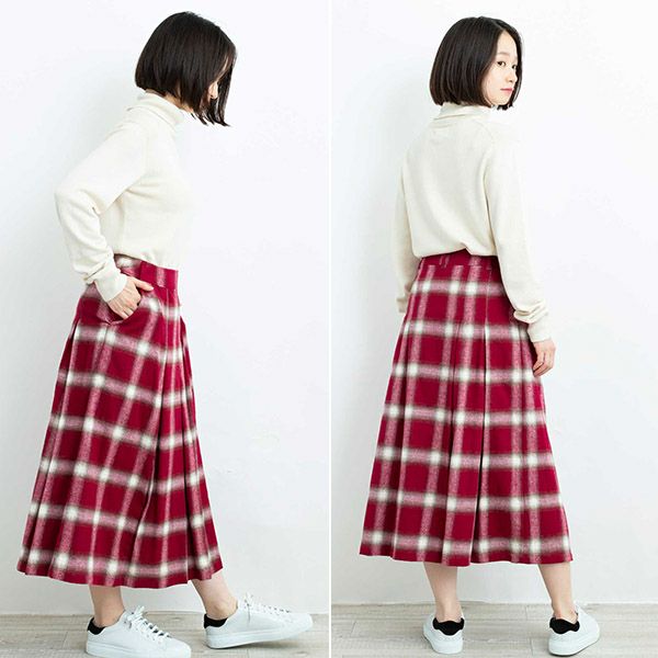 【SALE／30%OFF】オーガニックコットン 手織り起毛オンブレチェックタックスカート