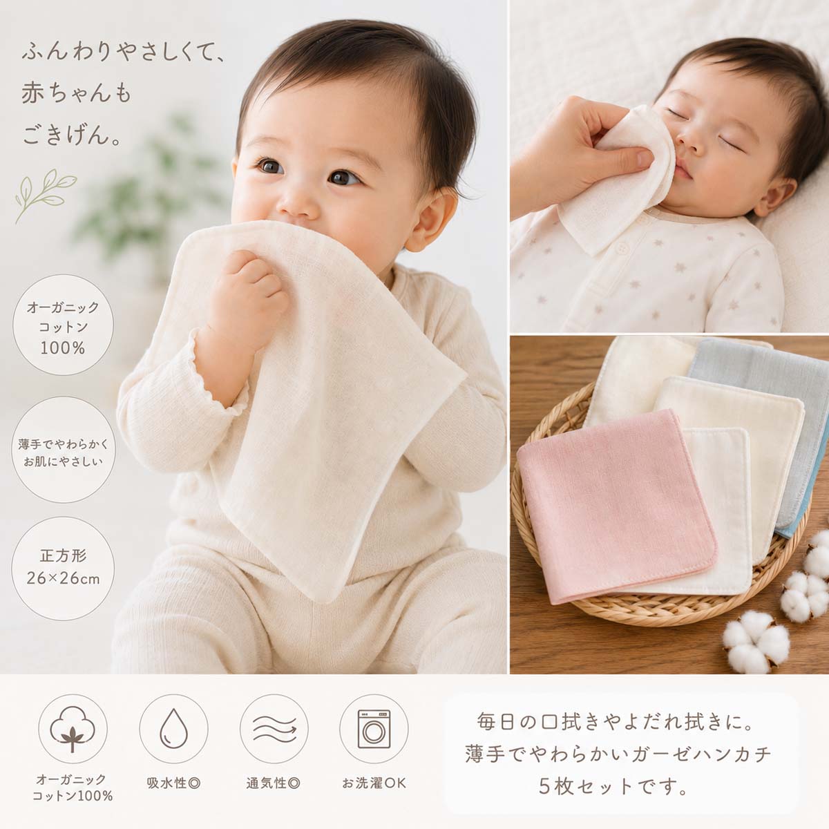 オーガニックコットン ボタニカルダイ ガーゼハンカチ 5枚セット