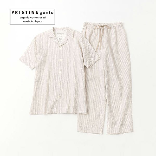 オーガニックコットン&リネン メンズサッカーストライプパジャマ(半袖)