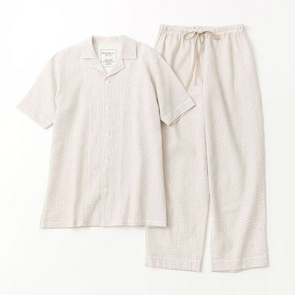 オーガニックコットン&リネン メンズサッカーストライプパジャマ(半袖)