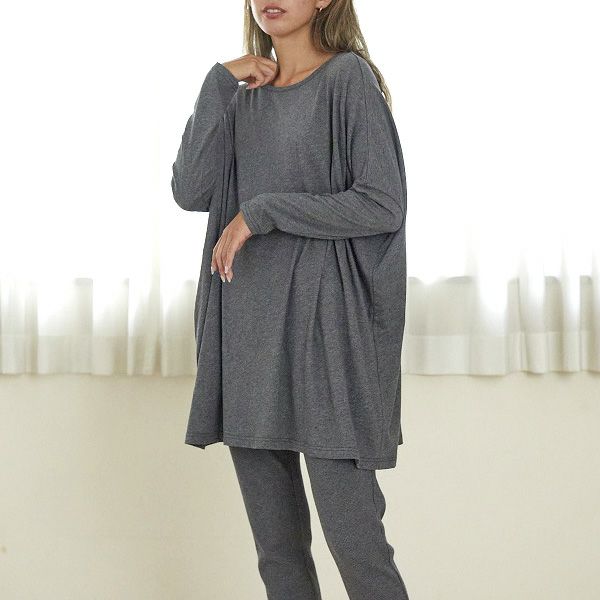 オーガニックコットン ファインニットワイドトップス チャコールグレー M