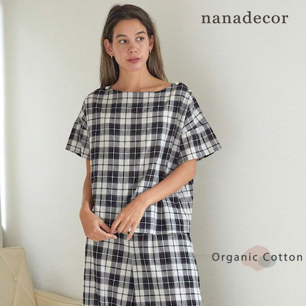 オーガニックコットン シナモンチェックトップス ブラック M