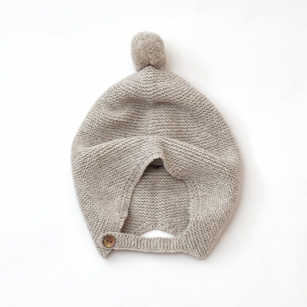 オーガニックコットン＆ヤク ガーターニット耳あて付き帽子 グレー 46-48