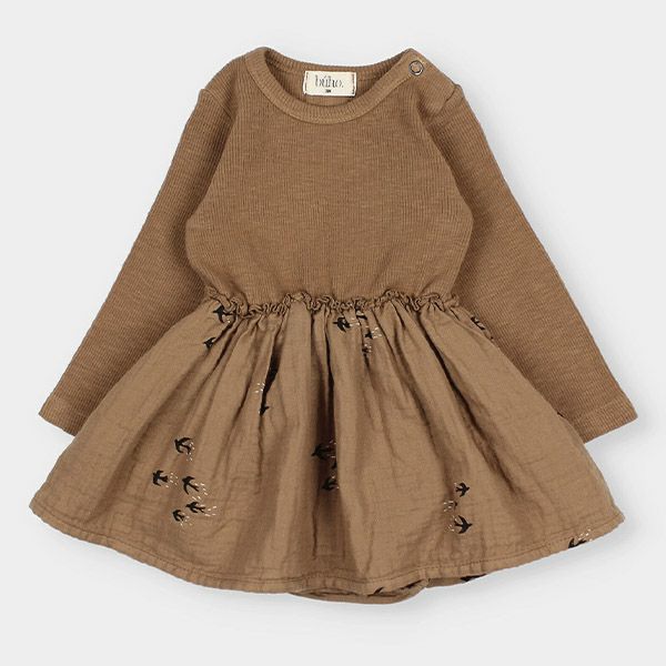 オーガニックコットン ベビー バードプリントコンビドレス(長袖)