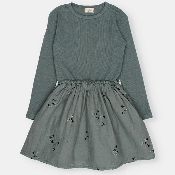 オーガニックコットン キッズ バードプリントコンビドレス(長袖)