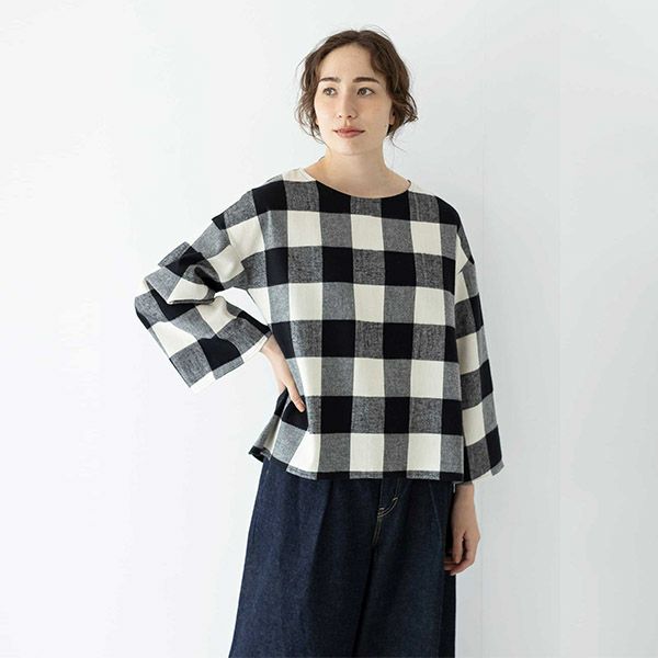 【SALE／20%OFF】オーガニックコットン 手織り起毛チェックフレアブラウス