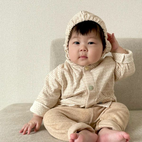 オーガニックコットン ベビー【幸せの青い鳥】接結ドットボーダーのパーカー