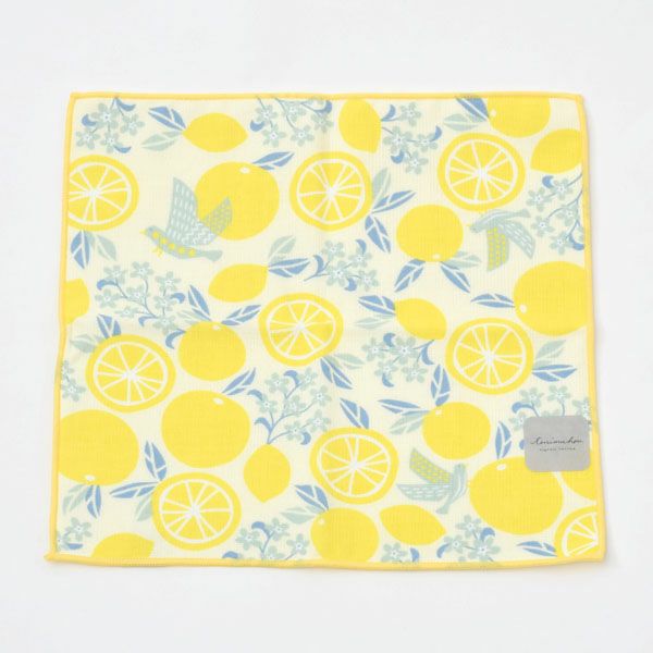 オーガニックコットン プリントミニタオル（ケース入り）鳥とオレンジ イエロー 25×25