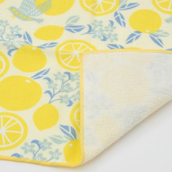 オーガニックコットン プリントミニタオル（ケース入り）鳥とオレンジ イエロー 25×25