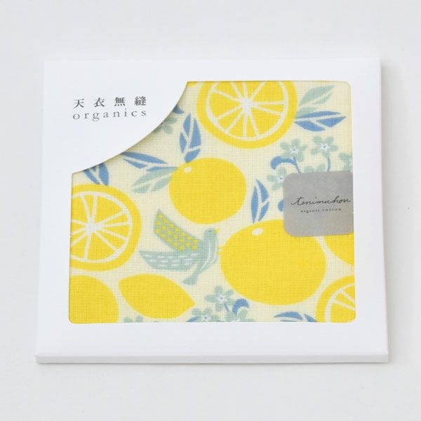 オーガニックコットン プリントミニタオル（ケース入り）鳥とオレンジ イエロー 25×25