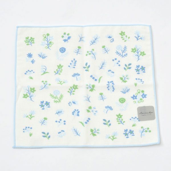 オーガニックコットン プリントミニタオル（ケース入り）淡色小花 ブルー 25×25