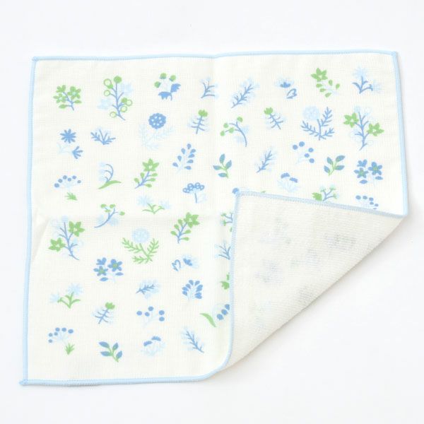オーガニックコットン プリントミニタオル（ケース入り）淡色小花 ブルー 25×25