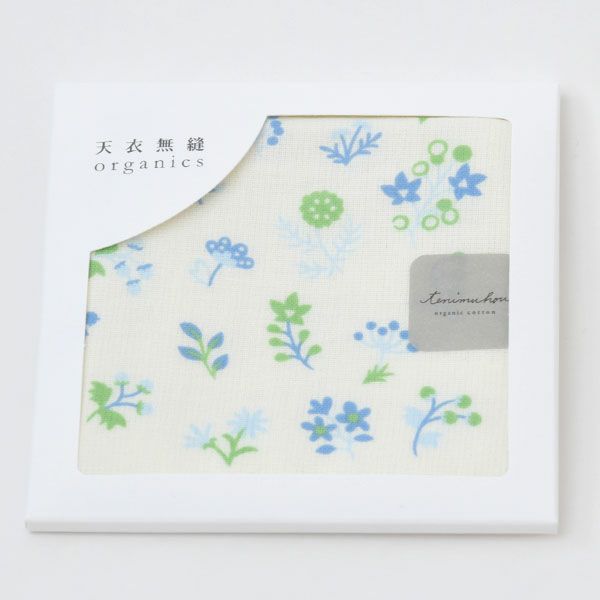 オーガニックコットン プリントミニタオル（ケース入り）淡色小花 ブルー 25×25
