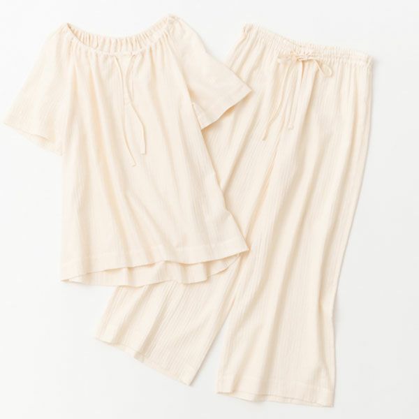 オーガニックコットン ヘリンボンギャザープルオーバーセット(半袖) ナチュラル M