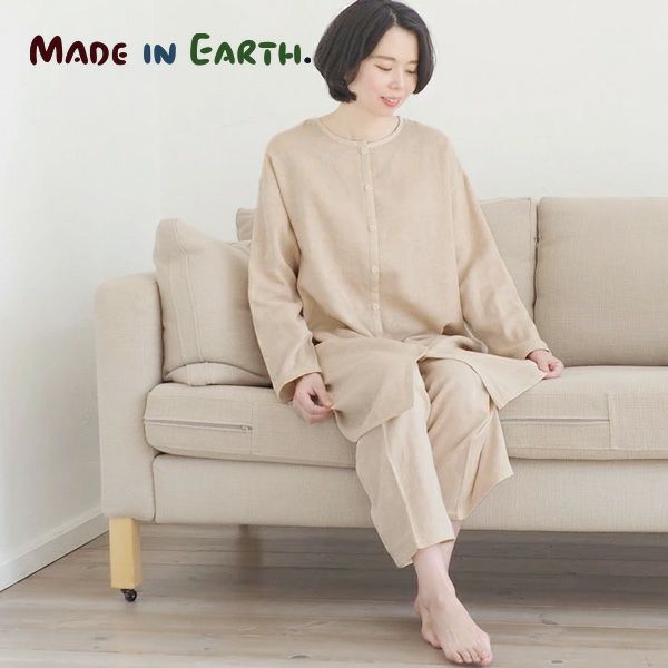 オーガニックコットン ダブルガーゼのワンピースパジャマ上下セット茶