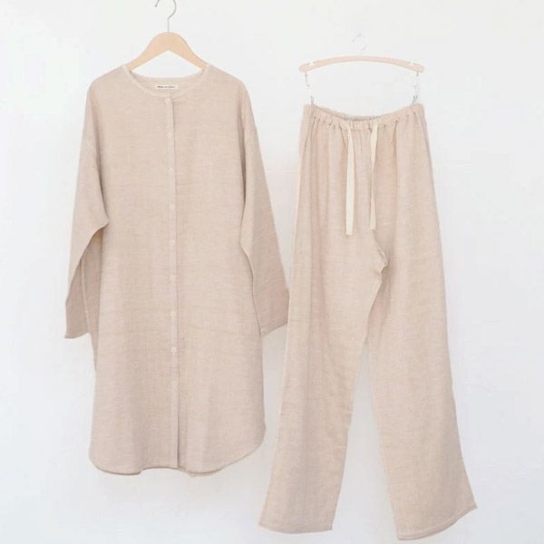 オーガニックコットン ダブルガーゼのワンピースパジャマ上下セット茶