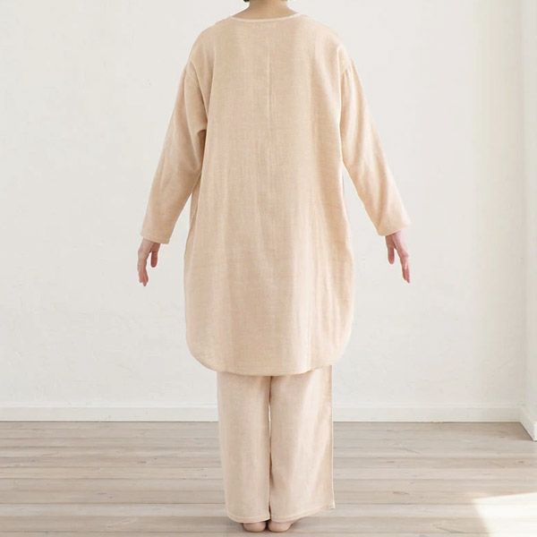 オーガニックコットン ダブルガーゼのワンピースパジャマ上下セット茶