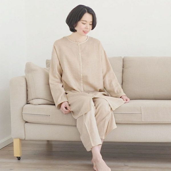 オーガニックコットン ダブルガーゼのワンピースパジャマ上下セット茶