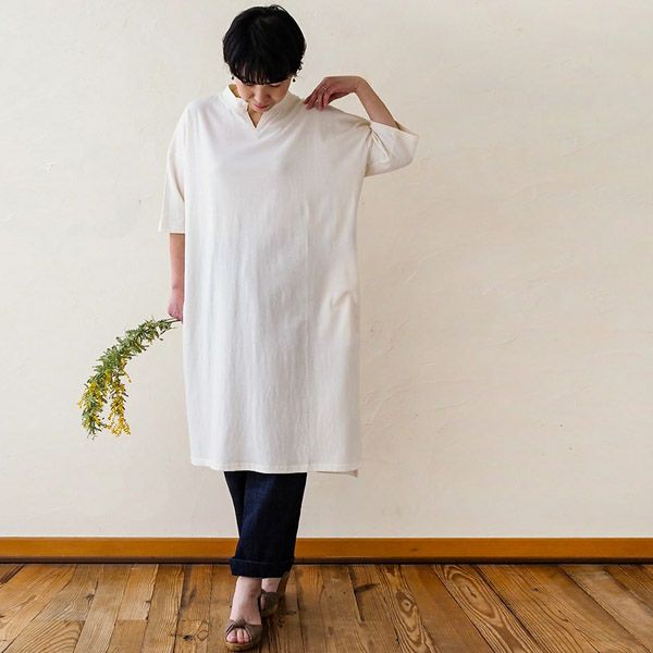 オーガニックコットン スキッパー5分袖ワンピース きなり