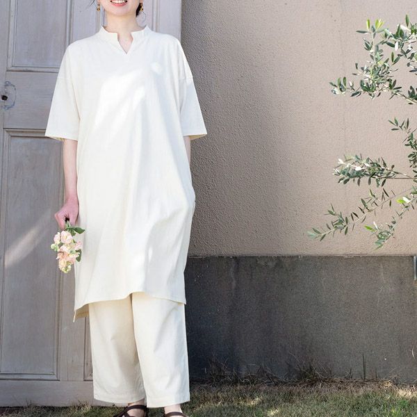 オーガニックコットン スキッパー5分袖ワンピース きなり