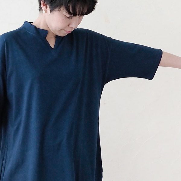 オーガニックコットン 天然藍 スキッパー5分袖ワンピース