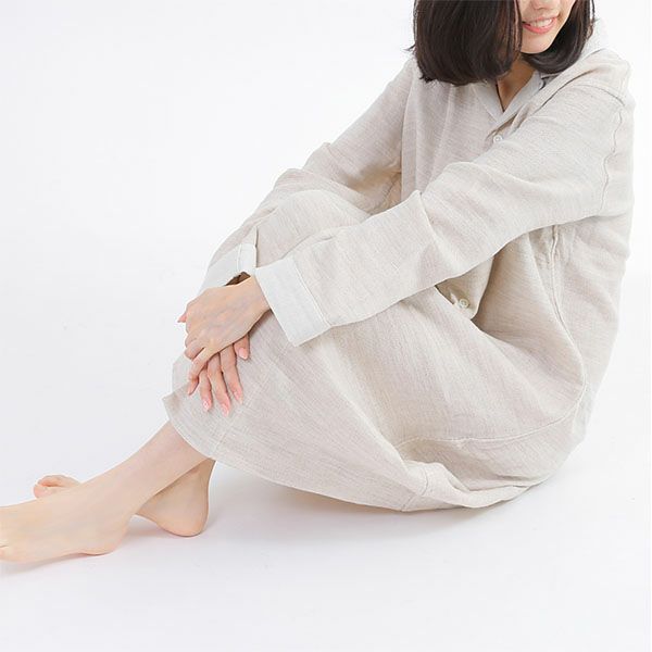 オーガニックコットン＆ヤク 綾ダブルガーゼ前開きワンピース ナチュラルグレー M