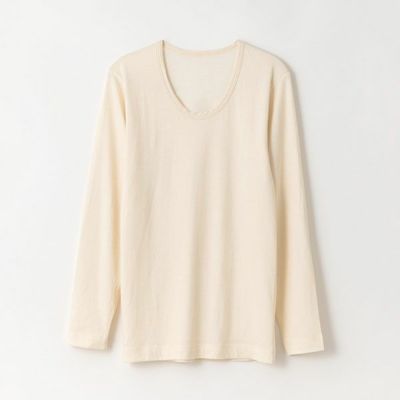 オーガニックコットン＆シルク リバーシブルメンズUネックシャツ(長袖)ナチュラル M