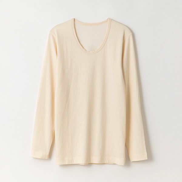 オーガニックコットン＆シルク リバーシブルメンズUネックシャツ(長袖)ナチュラル M