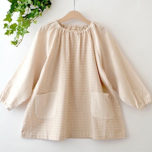 オーガニックコットン キッズ長袖スモック ブラウン×ナチュラル