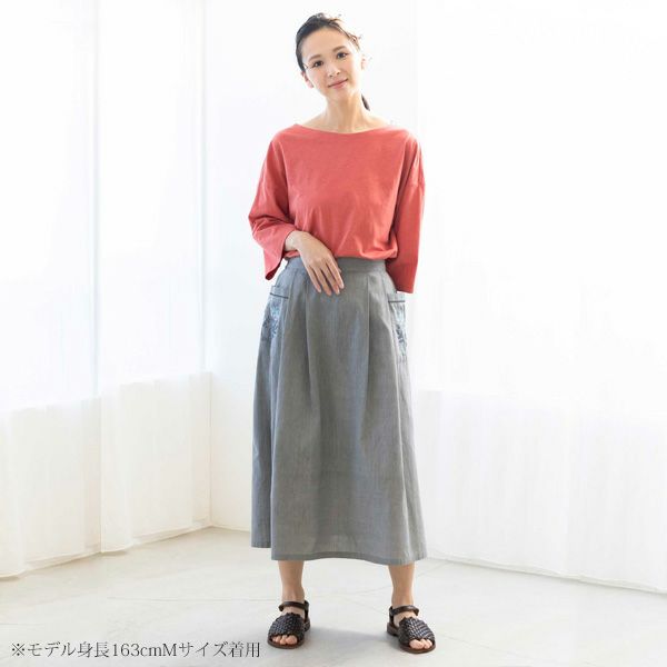 【SALE／10%OFF】オーガニックコットン 手織りブルーベル刺繍サイドポケットタックスカート