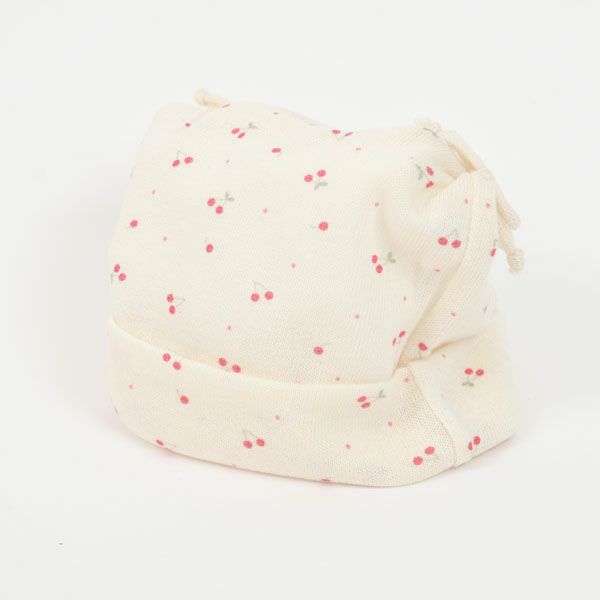 オーガニックコットン ベビー吊天竺2つ結び帽子 さくらんぼ