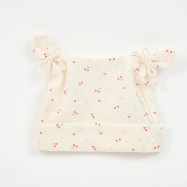 オーガニックコットン ベビー吊天竺2つ結び帽子 さくらんぼ